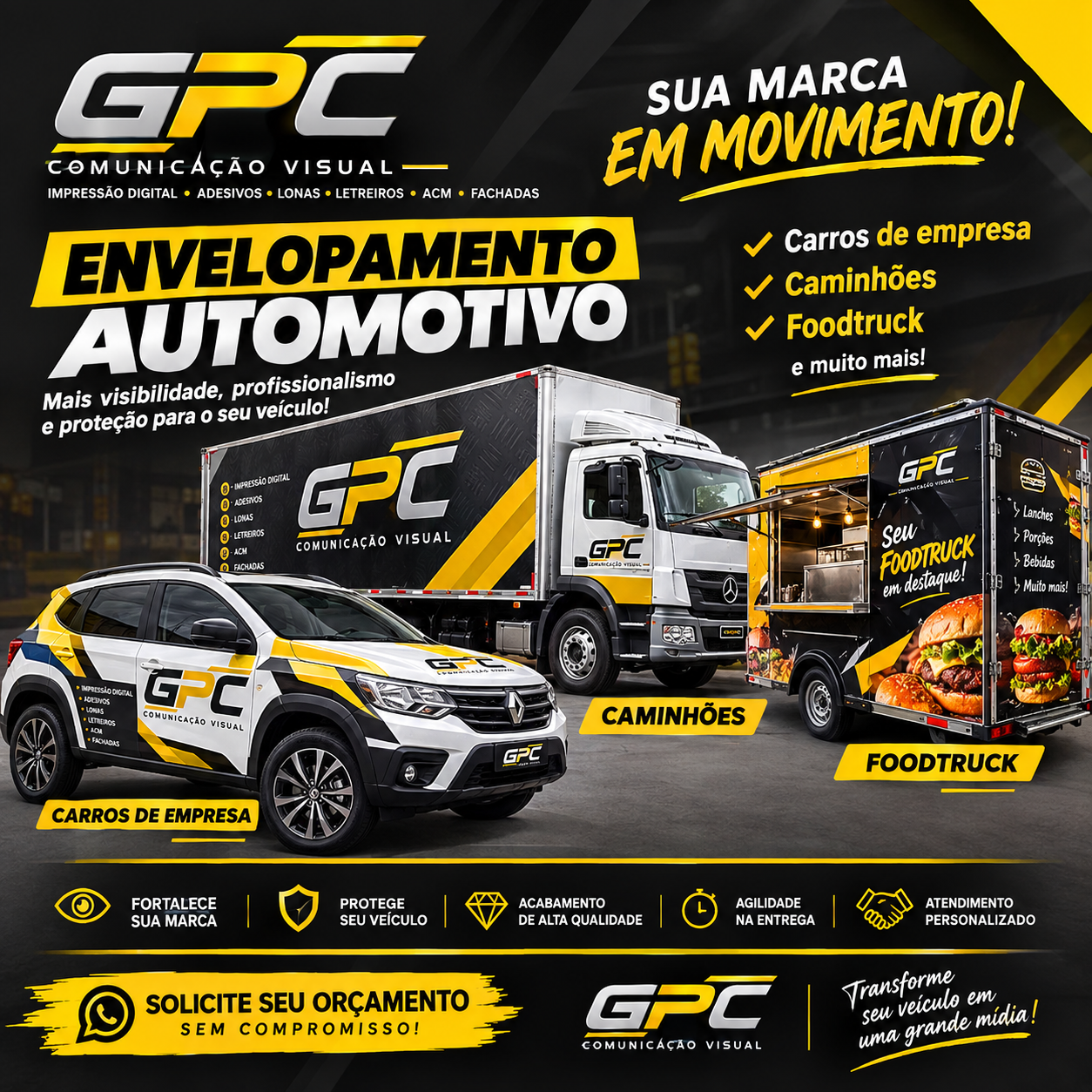 Trabalho de envelopamento automotivo da GPC em carros, caminhões e food trucks